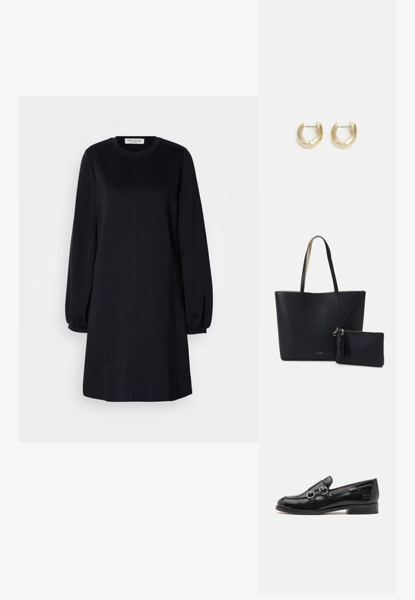 Vestido negro de manga larga con escote redondo, corte holgado y puños fruncidos. Tejido suave con un diseño simple y minimalista.; Mocasín de charol negro con acentos de doble hebilla plateada, punta ligeramente redondeada y tacón bajo apilado. Detalle de costura texturizada a lo largo de la parte superior.; Bolsa tote negra con material texturizado, dos asas largas y un bolso con cremallera removible que cuenta con un detalle de borlas. Logo de la marca en dorado visible.; Pendientes de aro en tono dorado con un acabado suave y pulido. Presentan una forma de medio círculo y un cierre de poste seguro.