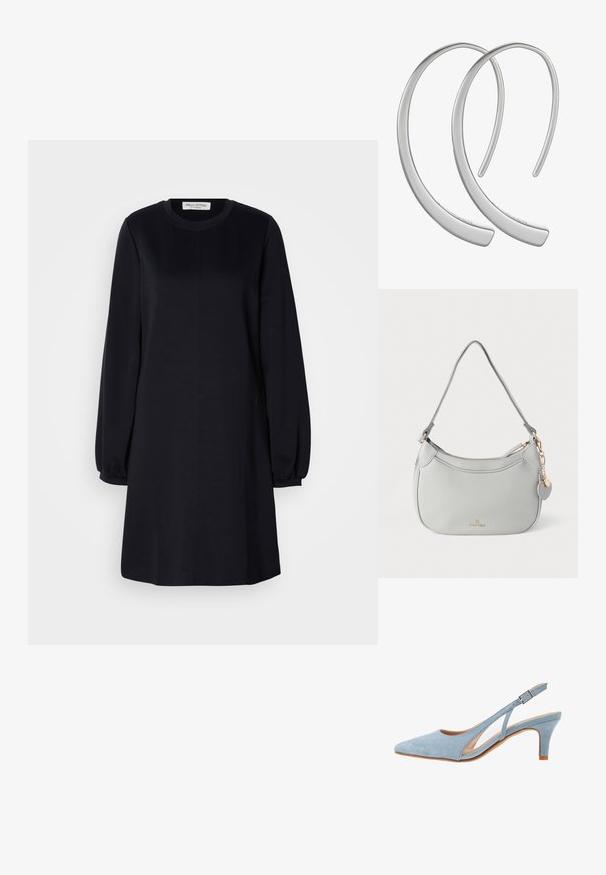 Zwarte jurk met lange mouwen, ronde halslijn, relaxte pasvorm en gathered manchetten. Gladde stof met een eenvoudig, minimalistisch ontwerp.; Lichtblauwe nubuck slingback hak, puntige neus, verstelbaar enkelbandje met metalen gesp, natuurlijke beige binnenzool en lage hak.; Grijze leren handtas met een gebogen vorm, hardware in goudkleur en een decoratieve hanger. Voorzien van een ritssluiting en een enkele schouderriem.; Zilveren metalen oorbellen in de vorm van een gladde, glanzende, gebogen halve maan, met een minimalistisch ontwerp en zonder zichtbare patronen.