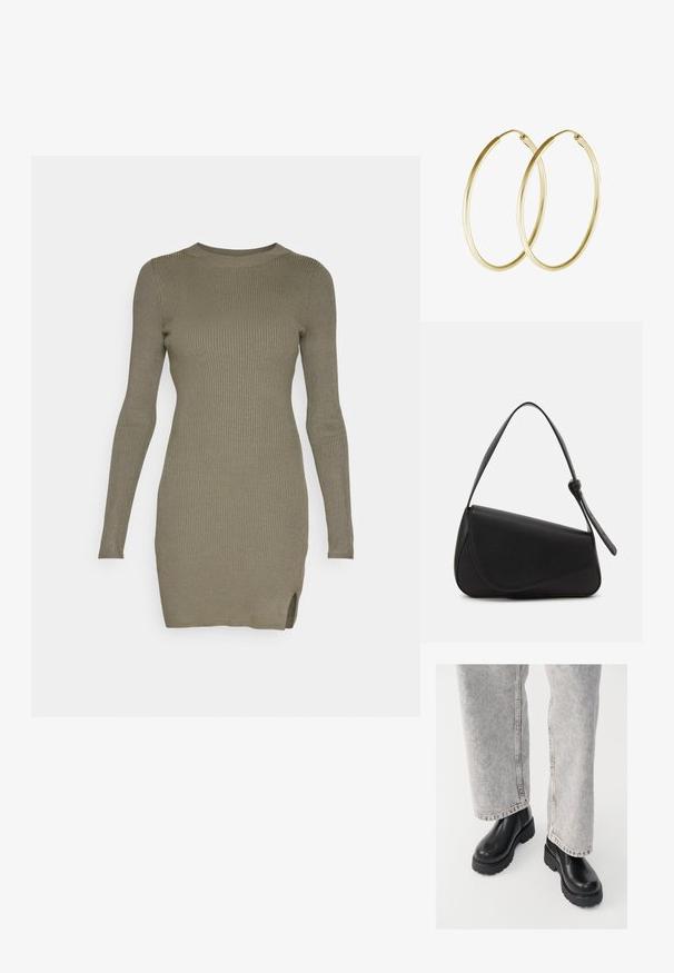 Hollister Co. CHAIN BODYCON SWEATER DRESS - Kampsunkleit - olive green; Vagabond COSMO - Platvormtallaga poolsaapad - black; Mustmust värvi nahk-käekott, kolmnurkse kujuga, kaldega klapp ja ümar pehandle. Omab siledat tekstuuri ja minimalistikku kujundust.; Kuldne rõngaskõrvarõngad, millel on sujuv ja ümar disain, ning läikiv viimistlus. Kerge konstruktsioon koos kindla klambriga.