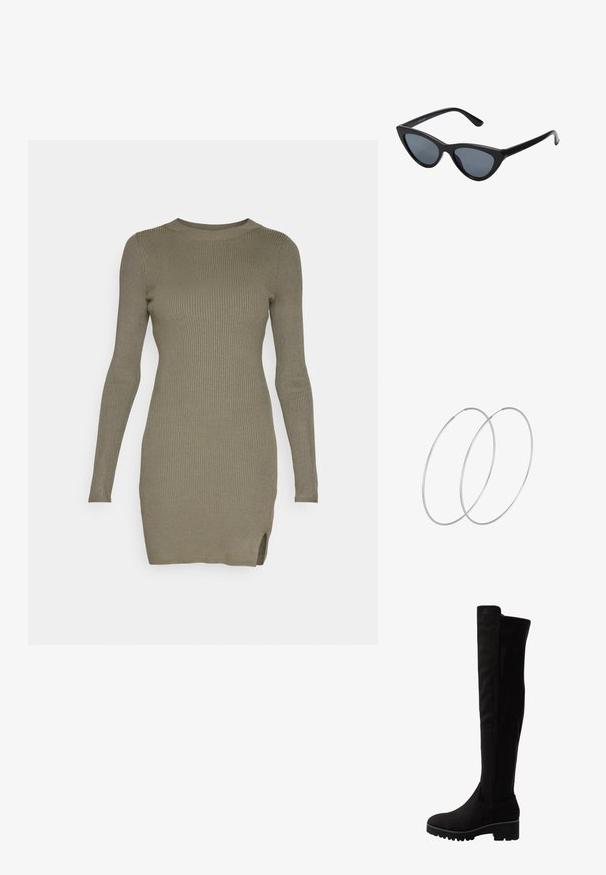 Hollister Co. CHAIN BODYCON SWEATER DRESS - Gebreide jurk - olive green; Zwarte over-de-knie laarzen van zachte suede met een platte zool, voorzien van een ronde neus en elastische zijpanelen voor gemakkelijk aan- en uittrekken.; Zwarte cat-eye zonnebril met donkergrijze lenzen, slank plastic frame, puntige hoeken en rechte pootjes. Geen zichtbare hardware of accenten.; Zilveren hoepel oorbellen met een minimalistisch ontwerp. Cirkelvormig, gladde textuur en dun profiel. Lichtgewicht met een gepolijste afwerking.