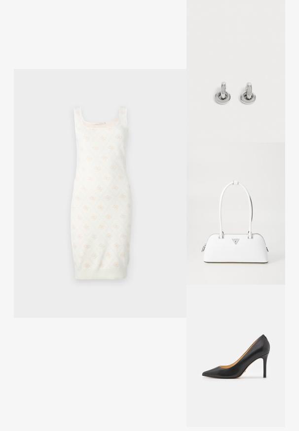 Gebreide jurk in crèmekleur met een subtiel bloemmotief. Heeft een aansluitend design, vierkante halslijn en geribbelde zoom. Zachte textuur voor comfort.; Zwarte leren puntige hakken met een stiletto hak, voorzien van een gladde textuur en een minimalistisch ontwerp. Interieur is gevoerd in een tan kleur.; Witte leren handtas met een gebogen vorm, voorzien van een zilveren driehoekig logo en ritssluiting. Gladde textuur en dubbele handvaten.; Een paar kleine, glanzende zilveren creolen met een ronde basis, afgebeeld op een effen lichte achtergrond.