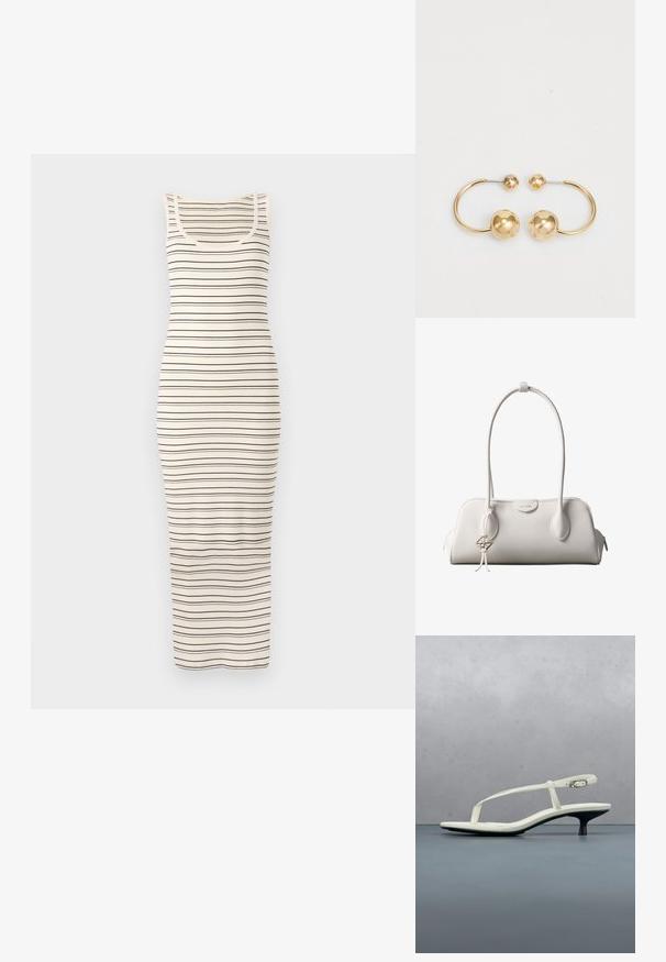 Robe maxi sans manches rayée en crème et bleu marine. Présente une silhouette ajustée, une texture côtelée et un col rond.; Sandale blanche à talon kitten avec des lanières et un bout pointu, flottant au-dessus d'un sol en carrelage en bois en plein air avec un arrière-plan flou de plante et de mur.; Sac à bandoulière blanc Calvin Klein avec longues poignées, forme rectangulaire, fermeture éclair et charm logo décoratif suspendu près de la poignée.; Boucles d'oreilles en métal doré présentant un design circulaire avec deux sphères, l'une plus grande et texturée, et une petite boule polie en haut.
