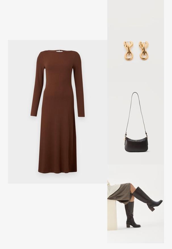 Robe longue marron à manches longues avec une silhouette droite, un col rond et une longueur jusqu'aux chevilles. Construction simple et sans couture.; Personne portant des bottes en cuir marron montantes jusqu'aux genoux avec des talons carrés, associées à une jupe grise à carreaux longueur genou, assise jambes croisées.; Sac à épaule en cuir noir avec fermeture éclair dorée, logo "BOSS" doré et bandoulière réglable sur fond clair uni.; Paire de boucles d'oreilles créoles en bouclettes dorées brillantes sur fond blanc uni, présentant un design torsadé entrelacé.