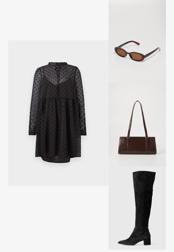 Robe noire avec un motif à pois transparent, manches longues, encolure froncée et coupe ample qui s'évase à la taille.; Bottes noires en daim montant au-dessus du genou, avec un bout pointu et un talon bloc. Texture lisse avec des coutures latérales et une coupe ajustée.; Lunettes de soleil rondes teinte brun avec une monture bordeaux brillante. Branches fines avec un détail de marque subtil. Design de verres plats.; Sac à main en cuir verni marron de forme rectangulaire, avec deux longues poignées et des accents courbés subtils à l'avant.
