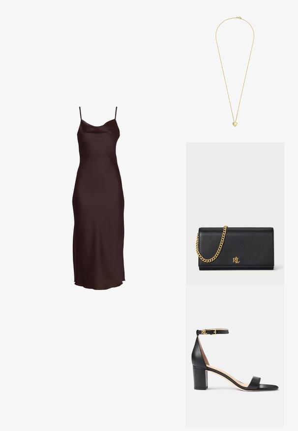 Hihaton tumma ruskea satiininen liivimekko, jossa on ohuet spagettihihnat ja suora, nilkkoihin ulottuva siluetti.; Lauren Ralph Lauren LOGAN BURNISHED LEATHER SANDAL - Sandaalit nilkkaremmillä - black; Musta nahkainen lompakko, jossa on kultaketju, etupuolella kultalogo. Minimalistinen muotoilu, jossa on sileä pinta ja tyylikäs muoto.; Kulta sävyinen kaulanauha, jossa on ohut ketju ja sydämen muotoinen riipus, jossa on sileä pinta ja hienovarainen kimallus yksellä puolella.