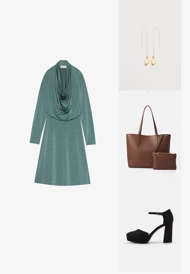 Cowl-neck jurk in gematigd groene stof, met lange mouwen en een vloeiende silhouet. Zachte, gladde textuur met een subtiele glans.; Zwarte suède plateauhakken met een dikke blokhak, ronde neus en enkelbandje dat is beveiligd met een metalen gesp. Zachte textuur overal.; Bruine neplederen schoudertas met twee lange handvatten en een bijpassend klein pouch. Het oppervlak heeft een gestructureerd patroon en gouden hardware accenten.; Delicate gouden draad oorbellen met dunne kettingen en kleine, gladde, onregelmatig gevormde gouden hangers aan de uiteinden.