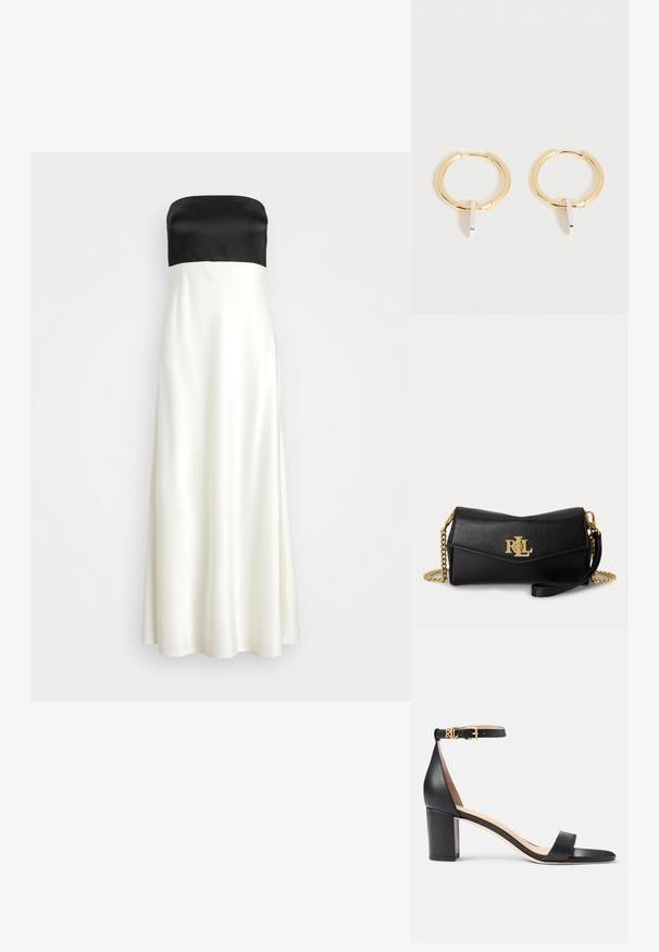 Polo Ralph Lauren RALIA SLEEVELESS GOWN - Vestido de fiesta - white/black; Lauren Ralph Lauren LOGAN BURNISHED LEATHER SANDAL - Sandalias - black; Clutch de cuero negro con logo RLL dorado en el frente, cadena dorada y correa de cuero para muñeca desmontable sobre fondo blanco.; Pendientes de aro dorados con pequeños colgantes rectangulares verticales de plata, mostrados sobre un fondo blanco.