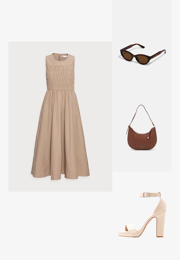 Robe sans manches beige avec un buste froncé, jupe évasée et encolure ronde. Fabriquée dans un tissu lisse avec un léger éclat.; Anna Field by Zalando Sandales - offwhite; Lunettes de soleil en écaille de tortue marron avec une forme vintage de lunettes cat-eye et des verres marron. Présente des branches courbées avec des accents rouges.; Sac à épaule en faux cuir brun, de forme arrondie, avec des coutures minimales et un accent en matériel doré. Il possède une fermeture zippée sur le dessus et une sangle réglable.