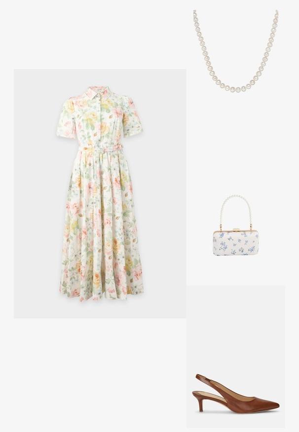 Florales kurzärmeliges, knöpfbares Midikleid mit Kragen und Gürtel, mit pastellgelben, grünen und rosa Blumenmustern auf weißem Hintergrund.; Brauner Leder-Damenslingback mit spitzer Schuhspitze und niedrigem Kittenabsatz auf weißem Hintergrund.; Weiße rechteckige Clutch mit blauem Blumenmuster und einem Perlen-griff mit goldfarbenen Beschlägen und Verschluss.; Strang von schimmernden weißen Perlen, jede rund und gleichmäßig in der Größe, mit einer glatten Oberfläche und einem dezenten Glanz, verbunden durch einen dünnen Faden.