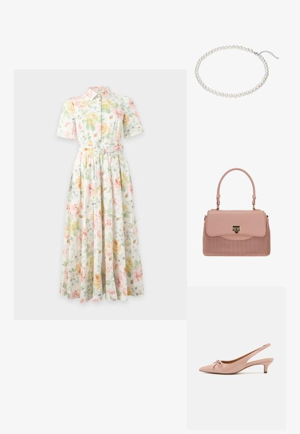 Kortærmet, knap-op midi kjole med krave og bælte med pastelgule, grønne og lyserøde blomster på hvid baggrund.; Patenteret pink slingback hæle med spids tå, sløjfedetalje foran og lav kittenhæl. Glat tekstur med en blank finish.; Lyserød plissert håndtaske lavet af syntetisk materiale, med en guldfarvet lukning og et struktureret topgreb. Glat tekstur med subtil glans.; Hvid perlekæde med jævnt store perler, glat tekstur og en sølvlås med en justerbar kæde til tilpasning af længden.