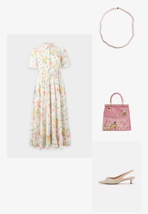 Vestido midi floral de manga corta con botones, cuello y cinturón, con patrones de flores en tonos pastel amarillo, verde y rosa sobre fondo blanco.; Tacones slingback de charol beige con puntera afilada y un lazo decorativo en el empeine. Incluyen un tacón bajo y estilizado con una textura suave.; Bolso de ante rosa con bordado floral, que presenta pájaros y mariposas. Herrajes en tono dorado y asa redondeada en la parte superior. Cierre elegante de solapa.; Collar de perlas que presenta perlas redondas de color rosa claro uniforme con una textura suave, asegurado con un cierre de plata y un acento negro pulido.