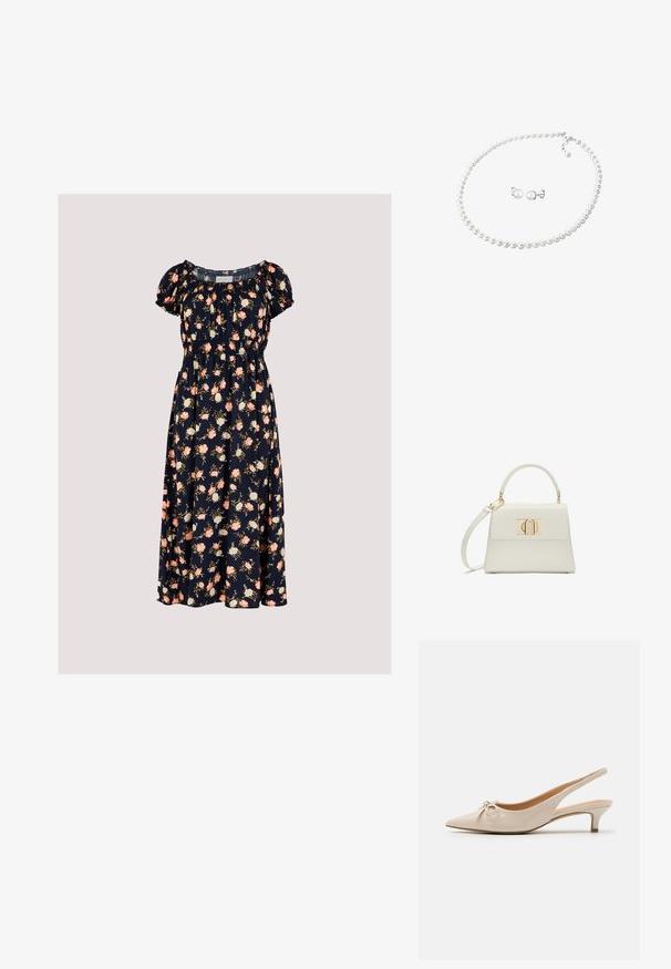 Apricot VINTAGE ROSE - Vestido informal - navy; Tacones slingback de charol beige con puntera afilada y un lazo decorativo en el empeine. Incluyen un tacón bajo y estilizado con una textura suave.; Pequeño bolso blanco de mano con asa superior, correa de hombro desmontable y cierre rectangular dorado en la solapa frontal.; Collar de perlas blancas con un cierre de plata y pendientes de perlas a juego, presentando perlas redondas y lisas dispuestas de manera uniforme.