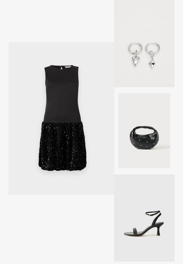Robe noire sans manches avec un haut ajusté et une jupe courte recouverte de sequins noirs brillants, sur fond blanc uni.; Sandale à talon en cuir noir avec une sangle de cheville, présentant un design élégant, un bout ouvert et un talon effilé pour une silhouette épurée.; Sac à main en cuir noir de forme arrondie, décoré de clous argentés et équipé d'une poignée courte. Texture lisse et fermeture éclair.; Boucles d'oreilles en argent en forme de créoles, ornées d'un cœur et d'un pendentif en forme de diamant. Texture lisse avec une finition polie.
