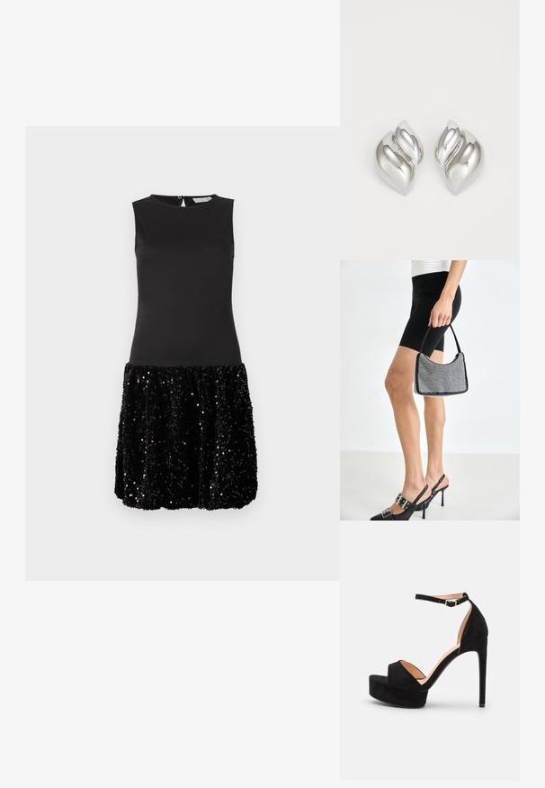 Vestido negro sin mangas con parte superior ajustada y falda corta cubierta de brillantes lentejuelas negras sobre un fondo blanco liso.; Sandalia de tacón alto de ante negro con suela de plataforma, tira en el tobillo con herrajes plateados, diseño de punta abierta y textura suave.; Bolso de cuentas negras con una silueta curva, asa de transporte y textura brillante. Llevado con zapatos de tacón altos negros y pantalones cortos negros ajustados.; Pendientes de plata con una forma orgánica y abstracta. Superficie lisa y brillante con un diseño cónico. Presentan suaves curvas y un detalle de línea central.