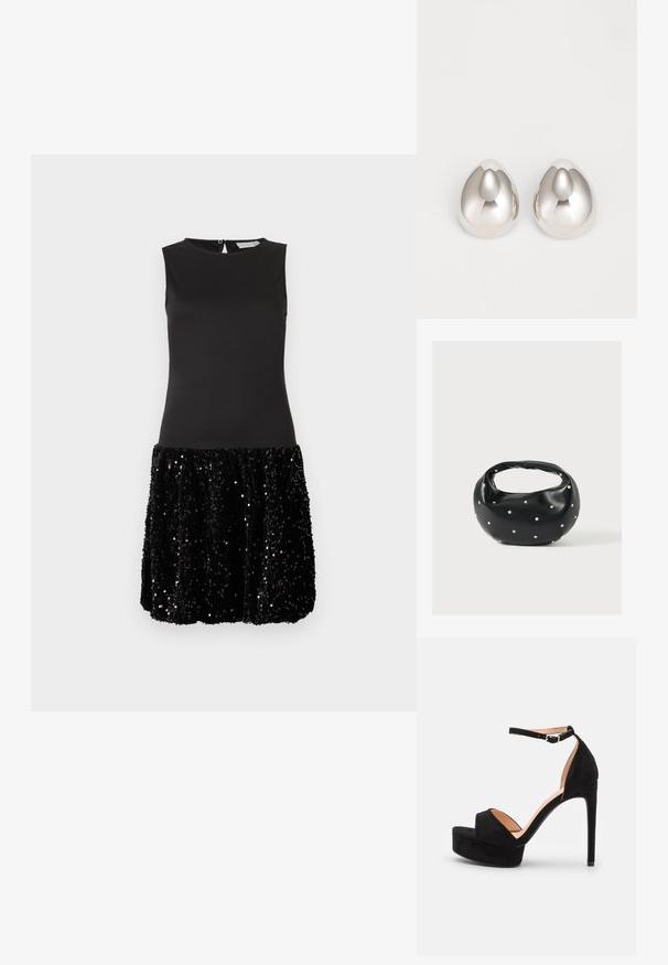 Vestido negro sin mangas con parte superior ajustada y falda corta cubierta de brillantes lentejuelas negras sobre un fondo blanco liso.; Sandalia de tacón alto de ante negro con suela de plataforma, tira en el tobillo con herrajes plateados, diseño de punta abierta y textura suave.; Bolso de mano de cuero negro con forma redondeada, decorado con detalles de tachuelas plateadas y un asa corta. Textura lisa y cierre con cremallera.; Pendientes de oreja metálicos plateados con un diseño suave y redondeado que recuerda a la forma de una gota, con una superficie reflectante y un acabado sin costuras.