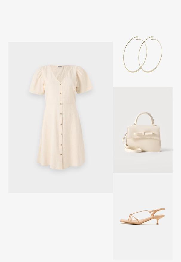 Vestido beige claro con escote en V, mangas cortas abullonadas y falda acampanada. Cuenta con botones en la parte delantera y una tela suave y texturada.; Sandalias de tacón desnudas con tiras finas y un detalle de nudo. Presentan una punta afilada y un tacón de aguja para un diseño elegante.; Pequeño bolso beige con asa superior, correa desmontable, solapa frontal y lazo decorativo horizontal sobre un fondo liso.; Pilgrim Pendientes - gold-coloured