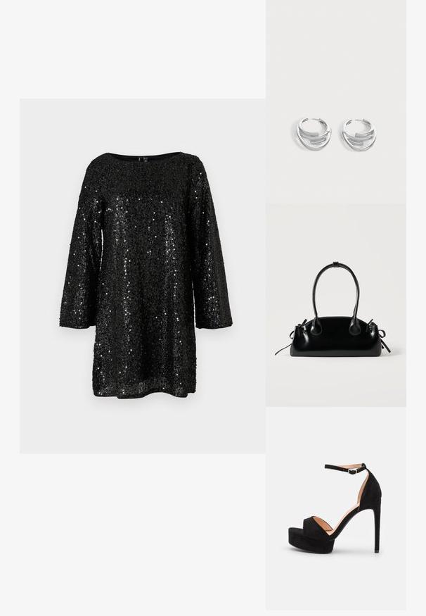 Vestido negro de lentejuelas con mangas tres cuartos, cuello redondo y un corte holgado. Textura brillante con un patrón de lentejuelas en todo el vestido.; Sandalia de tacón alto de ante negro con suela de plataforma, tira en el tobillo con herrajes plateados, diseño de punta abierta y textura suave.; Pequeño bolso negro brillante con dos asas largas y detalles de cordón lateral sobre un fondo claro liso.; Par de pendientes de aro plateados pulidos con diseño de barra curva en capas sobre un fondo claro y liso.