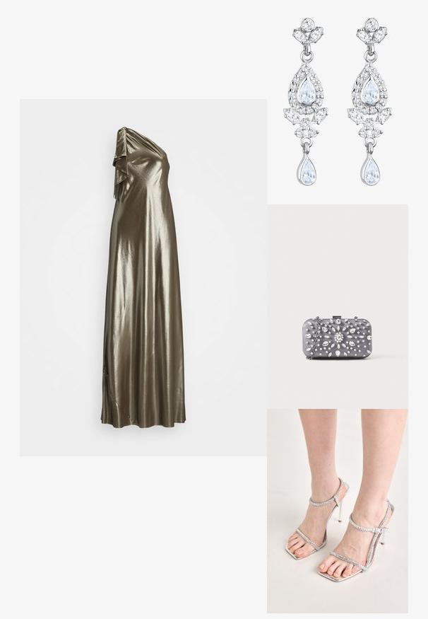 Lauren Ralph Lauren METALLIC CHIFFON ONE-SHOULDER GOWN - Gallakjole - silver; Fødder iført sølvfarvede højhælede sandaler med tynde stropper og firkantede tå, som står på en lys overflade.; Lille rektangulær mørkegrå clutch pyntet med klare rhinsten i et strålende mønster og en sølvkæde som strop.; Elli ANTIQUE DROP - Øreringe - weiß