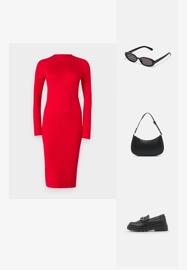 Rød ribbet langærmet kjole med mock neck, tætsiddende silhuet og midilængde; har tekstur og let stræk.; Sort loafersko med en kraftig platformsål, glat læderoverdel, dekorativ kædeaccent og let hæl med notched detalje.; Even&Odd by Zalando Solbriller - black; Pieces PCALUANA SHOULDER BAG - Håndtasker - black