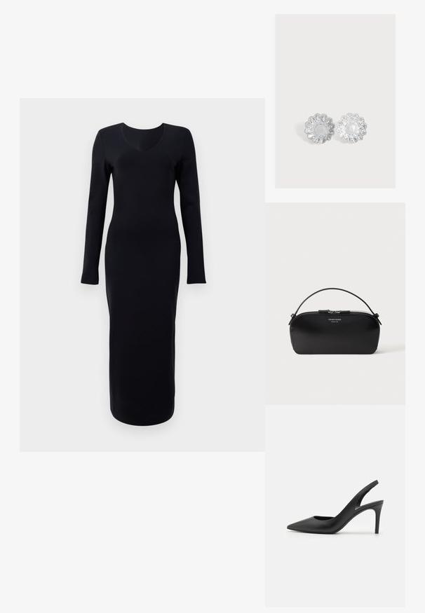 Robe noire à manches longues avec une silhouette ajustée, décolleté en V profond et tissu lisse et extensible. Aucune motif ou accent visible.; Escarpins à talon aiguille en cuir noir, avec un design à bout pointu, présentant une découpure à l'avant et un talon fin.; Petit sac bracelet en cuir noir avec fermeture éclair argentée et poignée courte, logo Emporio Armani Milano 1981 embossé sur le devant.; Deux petits moules à pâtisserie en métal argenté en forme de fleur avec des bords festonnés sur un fond clair uni.