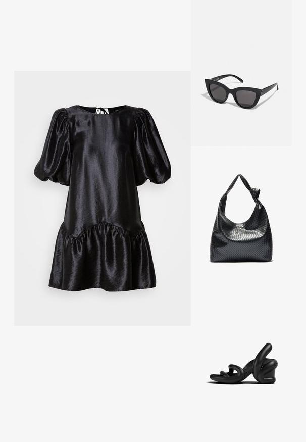 Vestido negro de satén con mangas abullonadas, escote redondeado y un dobladillo con volantes. Presenta un lazo en la parte posterior para ajustar y una textura suave.; Sandalias de tacón alto negras con un diseño de goma escultórico. Presentan correas curvas y un tacón grueso. Textura mate suave.; Gafas de sol negras en forma de ojo de gato con un acabado mate, que presentan lentes ahumados grises, ángulos pronunciados y brazos laterales elegantes. Nombre de la marca visible en el interior del brazo.; Bolso de cuero trenzado negro con un diseño relajado, que presenta una correa anudada y un pequeño tachuela dorada decorativa en la parte superior.