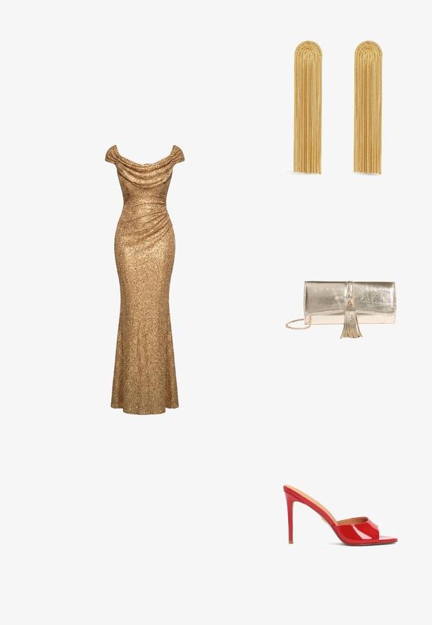 Vestido de noche dorado con lentejuelas, escote off-shoulder, detalles fruncidos y silueta ajustada hasta el suelo.; Mule abierto de charol rojo con un diseño elegante, tacón de aguja alto y un sutil detalle de corte en el empeine.; Bolso de mano dorado metálico brillante con cierre de solapa, borla decorativa y cadena dorada sobre fondo blanco.; Pendientes en tono dorado con largas franjas de cadenas en cascada y extremos redondeados, que exhiben un intrincado enlace y una textura suave.