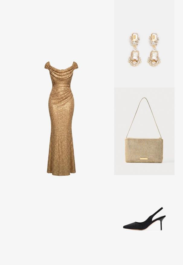 Goldfarbiges Paillettenkleid mit Carmenausschnitt, gerafften Details und einer taillierten, bodenlangen Silhouette.; Schwarze Slingback-Pumps mit spitzer Zehenform, verziert mit Strasssteinen. Sie verfügen über ein elegantes Design, hohe Stiletto-Absätze und ein glattes Innenfutter.; Goldene Clutch mit rechteckiger Form, bedeckt mit glänzenden silbernen Strasssteinen. Verfügt über einen dünnen, metallischen Schulterriemen und einen Reißverschluss.; Goldfarbene Tropfenohrhänger mit großen rechteckigen und runden klaren Kristallen, ergänzt durch kleinere Akzentsteine und einem geschichteten Design.