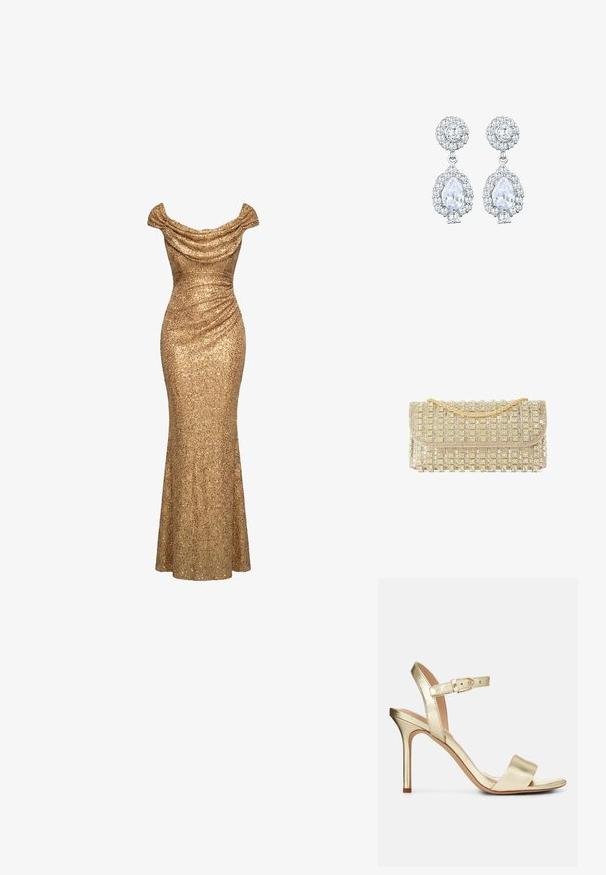 Gouden avondjurk met pailletten, off-shoulder, met geplooide details en een nauwsluitend, tot op de vloer reikend silhouet.; Gouden metallic, gestrikte hoge hak sandaal met een gesp sluiting, open teen en een gladde textuur. Kenmerkt zich door een slanke, puntige hak.; Avond clutch in goudkleur met een gouden kettingriem en rijen fonkelende strasversieringen.; Zilverkleurige oorbellen met een ronde studs met een pavé zetting, en een peervormige hanger omringd door kleinere stenen, wat een sprankelend effect benadrukt.