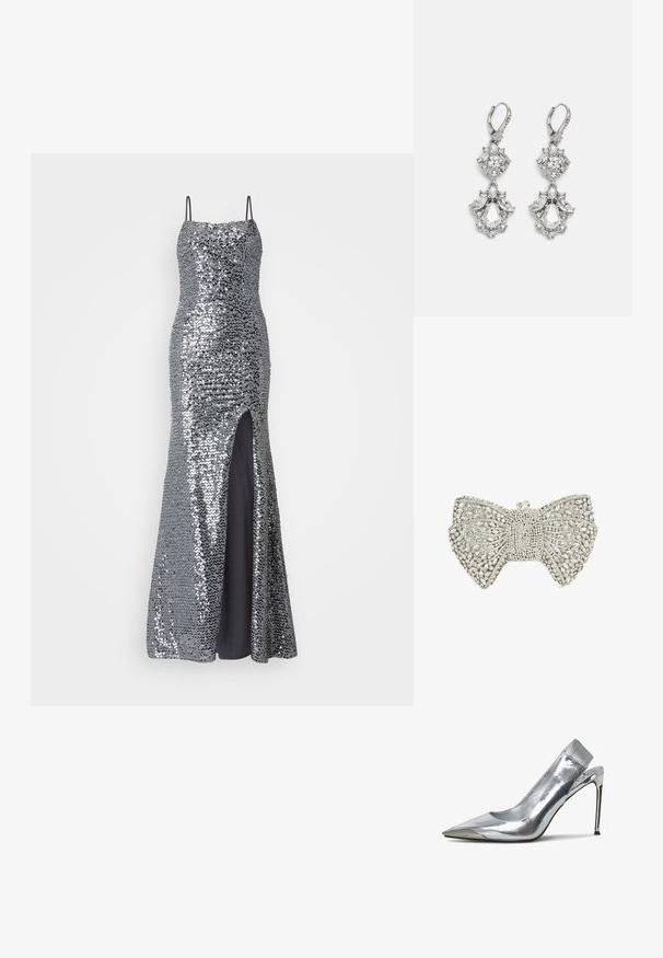 Vestido de noche plateado con lentejuelas, tirantes finos, corsé ajustado y abertura alta en el muslo. Forro negro suave por debajo.; Zapato de tacón alto plateado tipo slingback con punta afilada y acabado metalizado. Presenta un diseño elegante y acentos minimalistas en el tacón.; Clutch en tono plata con forma de lazo adornado con strass claros y un cierre de cristal en la parte superior.; Pendientes de tono plateado que presentan múltiples piedras de cristal transparente en formas de lágrima y marquesa, con cierres de palanca y un detallado intrincado.
