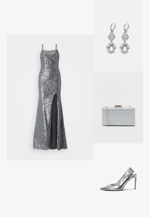 Vestido de noche plateado con lentejuelas, tirantes finos, corsé ajustado y abertura alta en el muslo. Forro negro suave por debajo.; Zapato de tacón alto plateado tipo slingback con punta afilada y acabado metalizado. Presenta un diseño elegante y acentos minimalistas en el tacón.; Clutch rectangular de plata hecha de tejido metálico texturizado, con cierre de broche y correa de cadena desmontable para llevar.; Pendientes de tono plateado que presentan múltiples piedras de cristal transparente en formas de lágrima y marquesa, con cierres de palanca y un detallado intrincado.