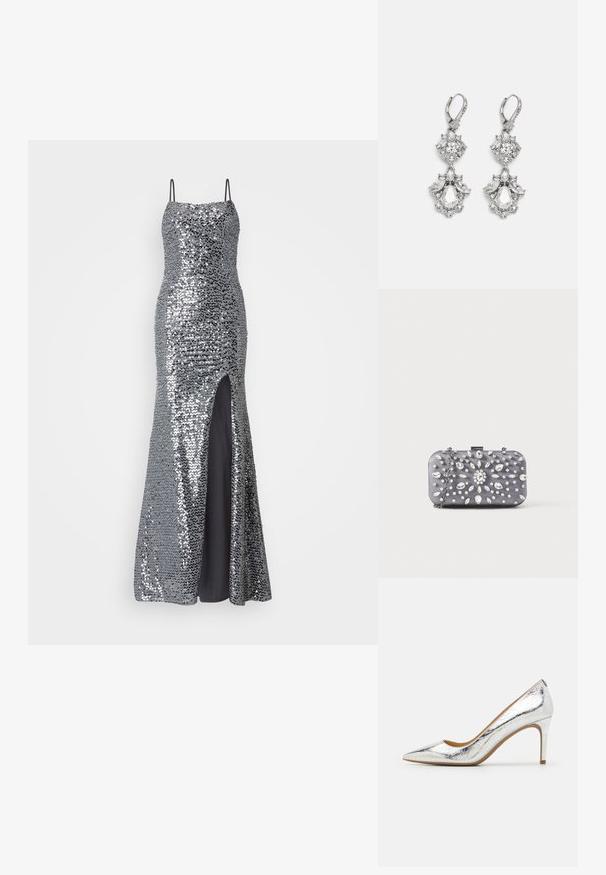 Robe de soirée en sequins argentés avec des bretelles spaghetti, corsage ajusté et fente haute sur la cuisse. Doublure noire lisse en dessous.; Chaussure à talon aiguille argentée métallique à bout pointu, présentant une texture lisse, un talon de 10 cm et un motif plissé subtil sur la surface.; Petit sac pochette rectangulaire gris foncé orné de strass clairs disposés en motif rayonnant, avec une bandoulière chaîne argentée.; Boucles d'oreilles en métal argenté ornées de plusieurs pierres précieuses en cristal transparent en forme de goutte et de marquise, avec des fermoirs à levier et des détails complexes.