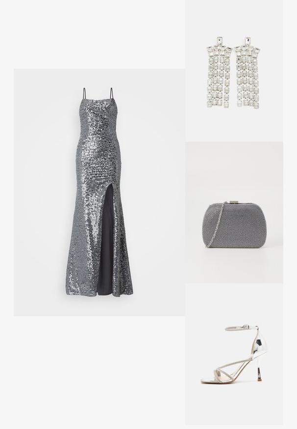 Vestido de noche plateado con lentejuelas, tirantes finos, corsé ajustado y abertura alta en el muslo. Forro negro suave por debajo.; Sandalia de tacón alto plateada con un diseño de tiras, material brillante, acentos de strass y una correa delgada en el tobillo. Punta cuadrada y tacón pulido.; Bolso de mano texturizado en blanco y negro con forma redondeada, correa de cadena plateada y un cierre de metal en la parte superior.; Pendientes de gota de cristal con un acabado en tono plateado, adornados con múltiples piedras recortadas en forma rectangular y cuadrada dispuestas en filas en cascada.