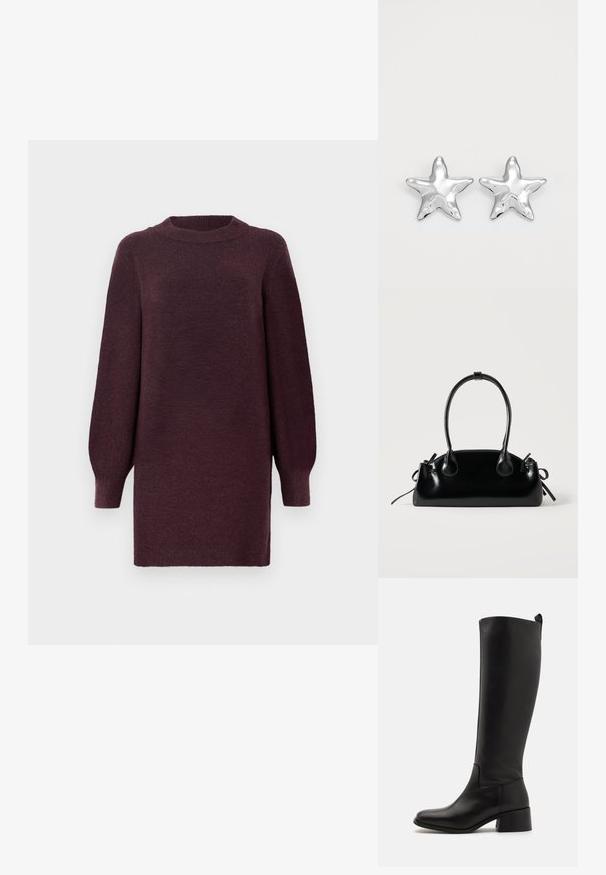 Robe-sweater bordeaux avec un col rond et de longues manches légèrement bouffantes. Fabriquée en tissu doux et texturé. Se termine au-dessus du genou.; Botte noire montée à hauteur de genou en cuir lisse avec un talon blocs, une pointe arrondie et un design élégant sans embellissement.; Petit sac à main noir brillant avec deux longues anses et des détails à cordon sur les côtés sur un fond clair uni.; Boucles d'oreilles argentées en forme d'étoile, avec une surface lisse et brillante. Chaque boucle d'oreille possède cinq pointes et des détails subtils de texture de surface.