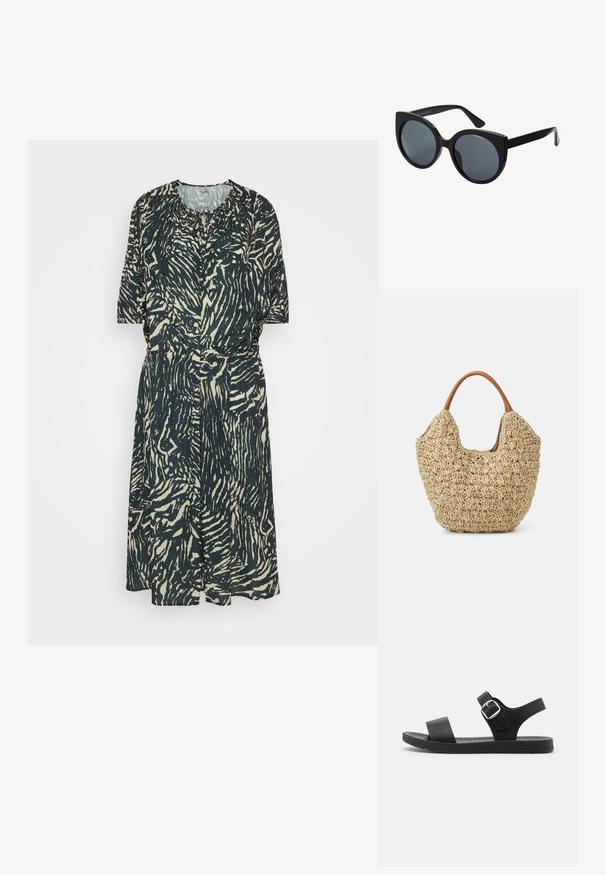 Anna Field by Zalando Vestido informal - black/beige; Sandalia negra con suela plana, hebilla ajustable, dos correas anchas y textura suave, diseñada para la comodidad y facilidad de uso.; Gafas de sol negras de gran tamaño con forma de ojo de gato, lentes oscuros y montura de plástico brillante. Presenta patillas gruesas para mayor soporte.; Bolsa de tote de paja trenzada con una textura natural y una forma suave y orgánica, con asas de cuero marrón para un fácil transporte.