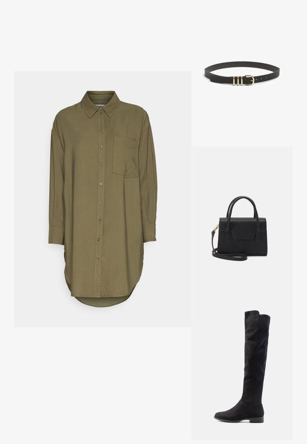 Chemise à manches longues vert olive en matériau lisse, avec un devant à boutons, une poche poitrine unique et un ourlet arrondi.; Bottes noires en suède haute jusqu'au genou avec une texture lisse, un bout arrondi et un petit talon carré ; design minimaliste sans quincaillerie visible.; Sac à main structuré noir en cuir avec une poignée supérieure, une bandoulière détachable et un détail à rabat à l'avant. Accents en matériel doré.; Ceinture en cuir noir texturé avec une boucle en métal doré comportant trois barres horizontales et de nombreux trous d'ajustement.