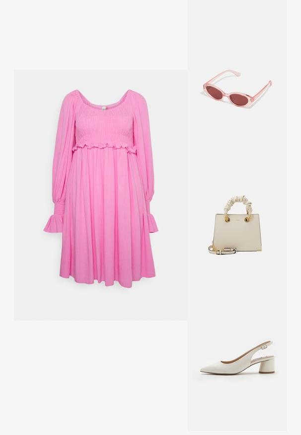 YAS YASMEZA SMOCK DRESS - Vestido informal - pink; Zapato de tacón destalonado de cuero blanco con punta afilada, tacón bloque de altura media y correa ajustable. Textura suave; diseño minimalista.; Gafas de sol transparentes rosas con lentes ovalados, tinte rojo oscuro y varillas delgadas, con un acabado suave y detalles sutiles en la montura.; ALDO BILITHA - Bolso de mano - bone/gold-coloured