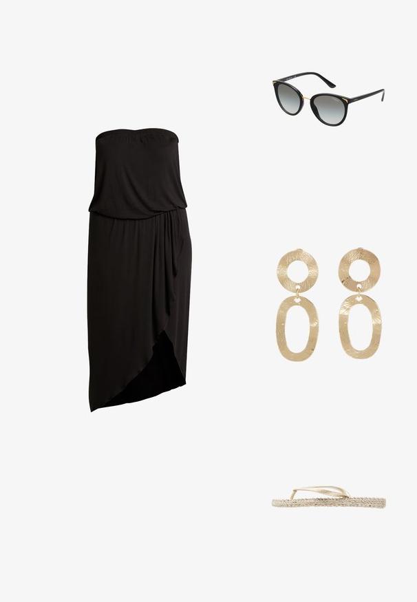 Vestido negro sin tirantes confeccionado en un tejido suave y elástico. Presenta un escote gathered y un frente drapeado con un dobladillo asimétrico.; Sandalia plana beige con suela trenzada y finas tiras metálicas doradas, vista de perfil sobre fondo blanco.; Gafas de sol de ojos de gato con un marco negro brillante, lentes grises con degradado y detalles en tono dorado en las patillas. Textura suave y lisa.; sweet deluxe Pendientes - gold-coloured