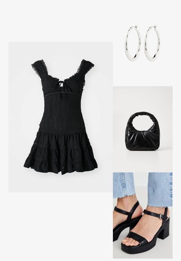 Vestido negro de encaje con un cuerpo ajustado, mangas con volantes y una falda acampanada. Presenta un detalle de lazo en forma de ojo de cerradura y patrones florales intrincados.; ALDO CELIE - Sandalias de tacón - black; Bolso negro acolchado con un asa redondeada, que presenta una superficie lisa y brillante y una textura suave y acolchada. Sin herrajes ni acentos visibles.; Pendientes de aro de plata con un acabado suave y brillante. Forma circular, con un cierre seguro. Diseño sencillo y elegante.