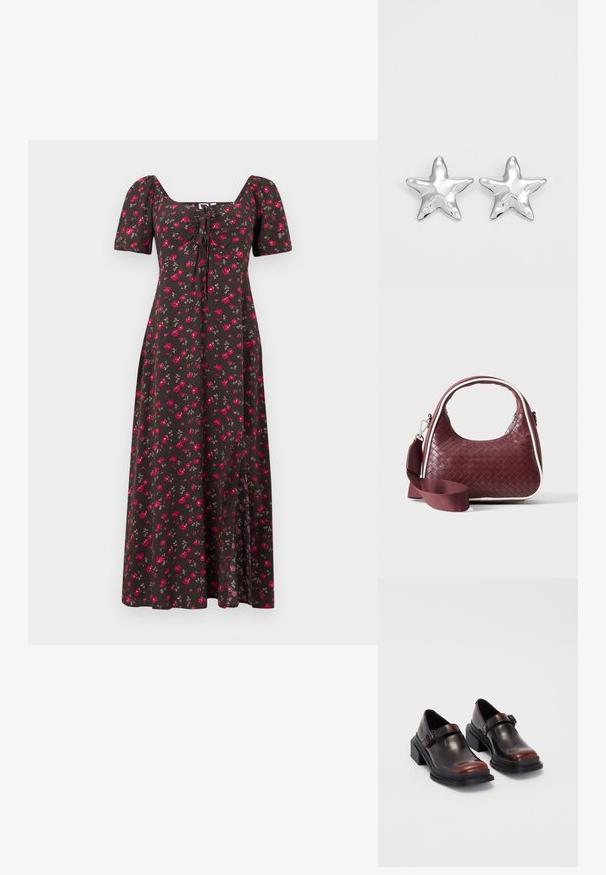 Robe midi brun foncé avec manches courtes bouffantes, encolure carrée, détail noué à l'avant, et petit motif floral rose.; Chaussures à talons carrés en cuir avec une finition bordeaux foncé brillante, dotées d'une sangle avec boucle et d'un design à bout arrondi. Semelle texturée pour une meilleure adhérence.; Sac à main en cuir tressé marron foncé avec poignée courbée, garniture blanche, fermeture éclair argentée et bandoulière large en tissu amovible sur fond uni.; Boucles d'oreilles argentées en forme d'étoile, avec une surface lisse et brillante. Chaque boucle d'oreille possède cinq pointes et des détails subtils de texture de surface.
