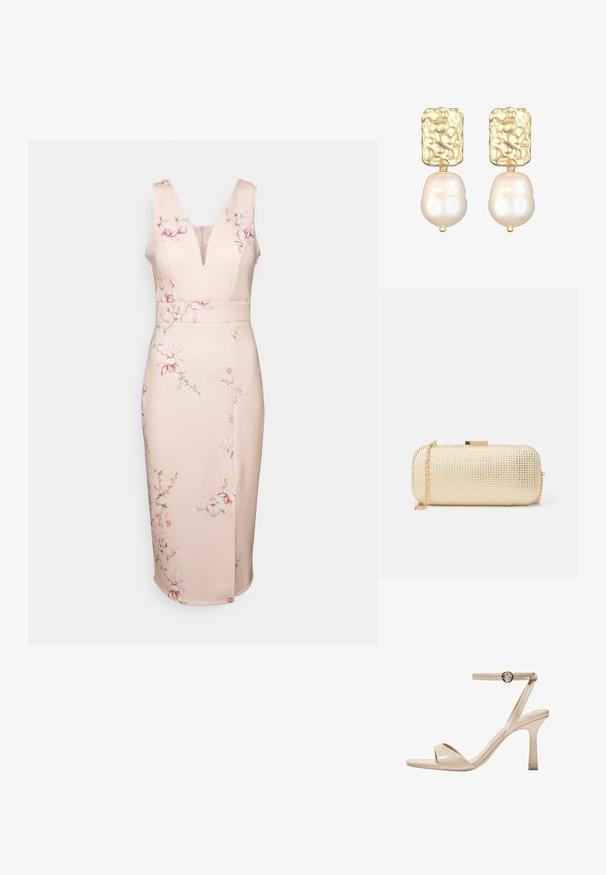 WAL G. WEDDING ALMA V NECK MIDI - Džersejové šaty - light pink; Nude lakované sandále na vysokom podpätku s tenkým remienkom okolo členka a obručovým prackom, otvorenou špičkou a štíhlym stiletto podpätkom.; Metalická zlatá kabelka s textúrovaným povrchom, s cylindrickým tvarom, reťazovým popruhom a zámkom na zatváranie.; Náušnice v zlatej farbe so štruktúrovaným obdĺžnikovým vrchom a veľkou, nepravidelne tvarovanou bielou perlou visiacej dole.