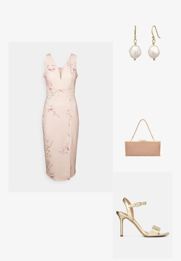 WAL G. WEDDING ALMA V NECK MIDI - Jerseykjole - light pink; Guldmetallic, strop-sandale med høj hæl og spænde-lukning, åben tå og glat overflade. Har en slank, spids hæl.; Metallic rosaguld clutch-pung med en tekstureret mesh-yderside, hardware i guldfarve og en tynd, flettet skulderrem.; Guldtonede øreringe med ujævnt formede hvide perler med en glat overflade, fastgjort med en wire-krog.