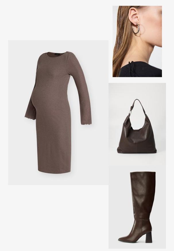 Robe de maternité marron à manches longues côtelées avec poignets festonnés et silhouette ajustée pour confort et style pendant la grossesse.; Botte en cuir marron hauteur genou avec un bout pointu et un talon texturé épais. Fini lisse avec des détails de couture minimaux.; Zign by Zalando LEATHER - Cabas - chocolate brown; Boucle d'oreille en argent avec une finition polie, présentant de petits détails en or et de forme ronde, portée sur le lobe.