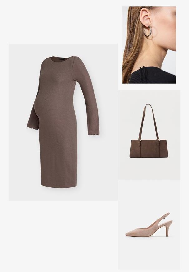 Vestido de maternidad marrón con mangas largas acanaladas, puños con borde festoneado y silueta ajustada para comodidad y estilo durante el embarazo.; Zapato de tacón alto tipo slingback en suave ante beige, con punta afilada, tacón delgado y correa ajustable en el tobillo con hebilla redonda.; Bolso marrón rectangular de hombro con correas largas y detalles mínimos de costura sobre un fondo liso.; Pendiente de aro de plata con un acabado pulido, que presenta pequeños detalles en dorado y una forma redonda, llevado en el lóbulo.