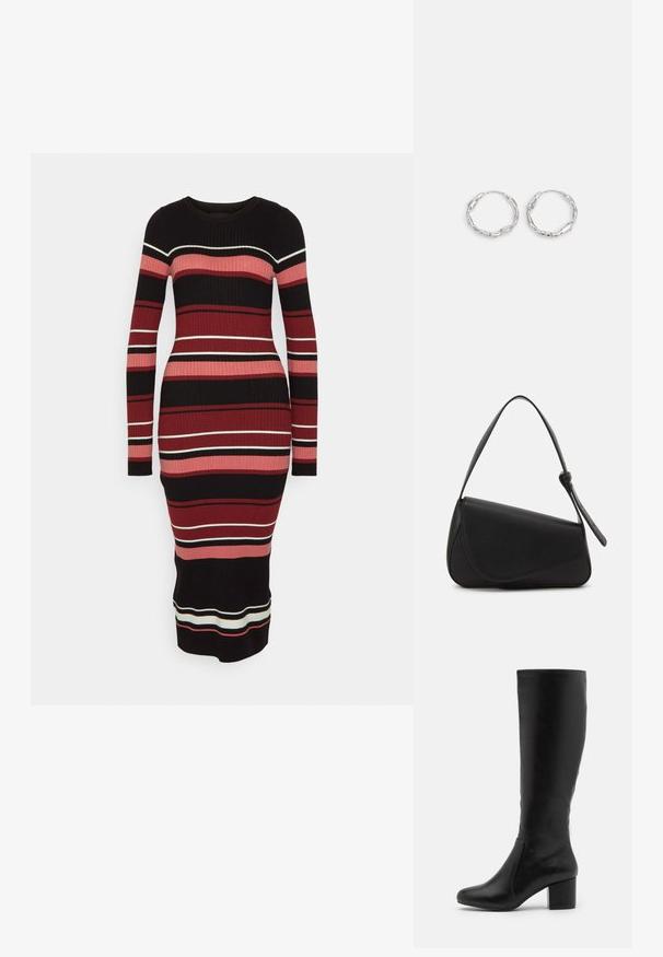 Anna Field by Zalando Gebreide jurk - multi-coloured; Knielange zwarte leren laarzen met een gladde textuur, ronde neus, zijpaneel en een chunky blokhak.; Zwart leren handtas met een driehoekige vorm, schuine klep en een ronde handgreep. Heeft een gladde textuur en minimalistische ontwerpelementen.; Zilveren hoepel oorbellen met een golvende, onregelmatige textuur. Kenmerken een dunne, ronde vorm en een reflecterende afwerking.