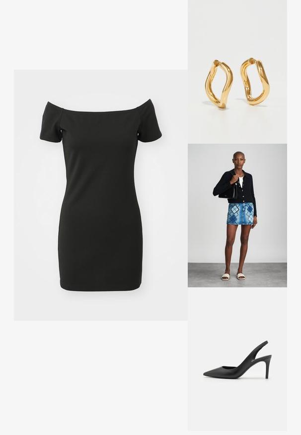 Robe noire à épaules dénudées en matière extensible, avec des manches courtes et une silhouette ajustée. Texture lisse sans motifs.; Escarpins à talon aiguille en cuir noir, avec un design à bout pointu, présentant une découpure à l'avant et un talon fin.; Un cardigan en maille noir, un haut blanc, une jupe en denim avec un motif de diamants bleus et noirs, un sac à main noir et des sandales à enfiler beiges.; Boucles d'oreilles en forme de cerceau de couleur dorée avec une forme courbée et irrégulière et une texture lisse et polie. Aucun matériel ou accent visible.