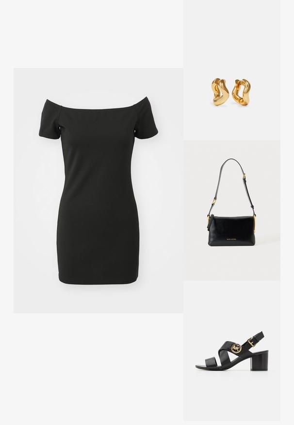Vestido negro sin mangas, hecho de material elástico, con mangas cortas y una silueta ajustada. Textura suave sin patrones.; Sandalia de cuero negra con correas entrelazadas y un logo redondo de MK. El tacón es de altura media, proporcionando estabilidad y un diseño elegante.; Bolso de hombro negro de piel con correa ajustable y herrajes dorados, con pequeño logo dorado "Marc Jacobs" en el centro delantero.; Pendientes de aro en tono dorado con un diseño ondulado, que presentan una superficie lisa y brillante y una forma aerodinámica. Sin cierres visibles.