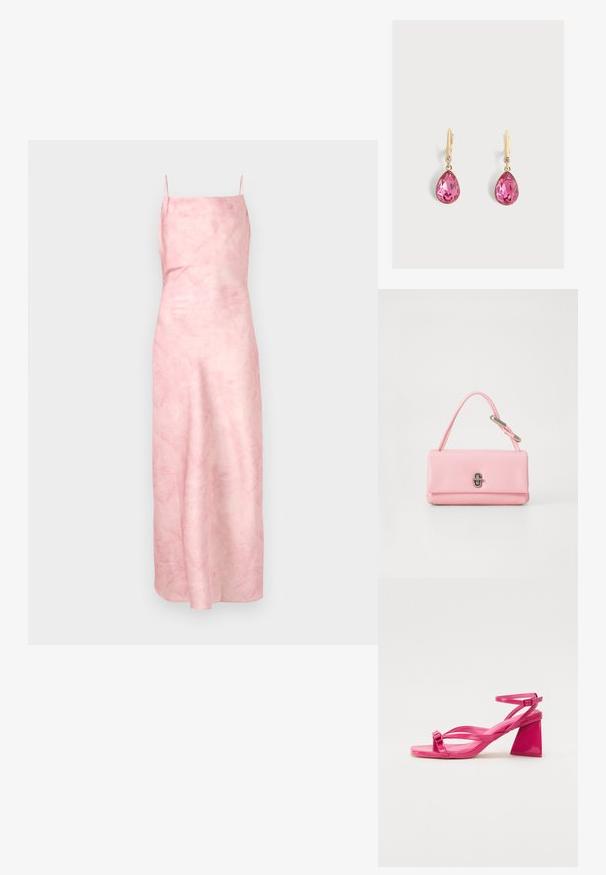 Ärmelloses rosa Kleid mit glatter, leicht strukturierter Oberfläche, das ein langes, fließendes Design und dünne Träger für einen minimalistischen Look aufweist.; Rosa Lackleder-Sandaletten mit Absatz, rechteckiger Zehenpartie, schmalen Riemen und geometrischem Blockabsatz. Mit einer Schnallenverzierung am Riemen.; Rosa Lederhandtasche mit einer strukturierten rechteckigen Form, einem einzelnen kurzen Griff und einem silberfarbenen Verschlussdetail auf der Vorderseite.; Goldene Hakenohrringe mit großen tropfenförmigen rosa Edelsteinen und kleinen runden klaren Steinen über den Tropfen auf einem schlichten Hintergrund.