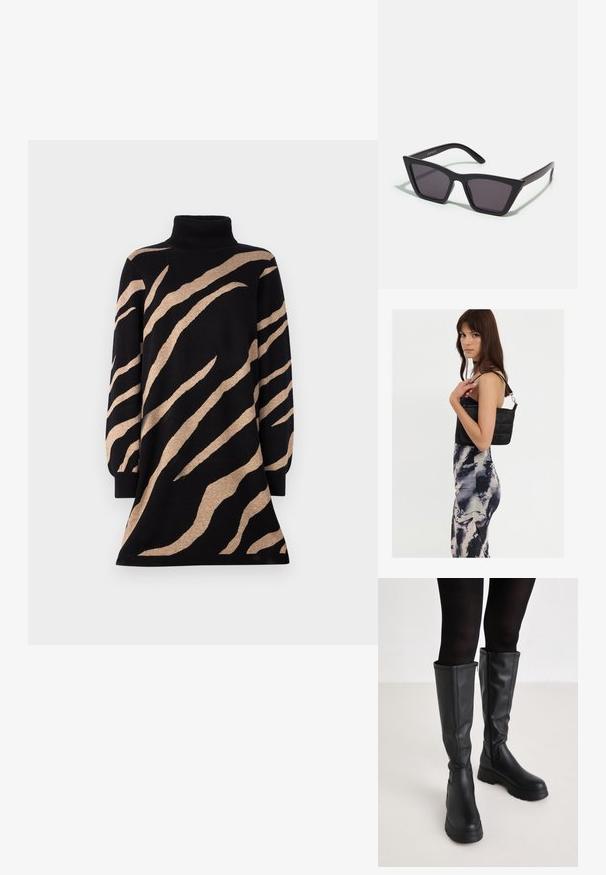 Zwarte coltrui jurk met tan tijgerstrepen, voorzien van lange mouwen en een uitlopende zoom. Gemaakt van een zachte, gestructureerde breimateriaal.; Even&Odd by Zalando Plateaulaarzen - black; Zwarte, hoekige zonnebril met grijze lenzen; gemaakt van plastic, met dikke armen met een gladde oppervlakte en zonder zichtbare hardware.; Zwarte gewatteerde schoudertas met een enkele strap en zilveren hardware, gecombineerd met een fitted, tie-dye patroon jurk in tinten zwart en crème.