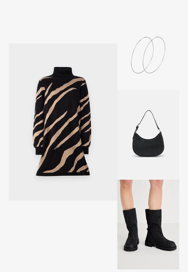 Zwarte coltrui jurk met tan tijgerstrepen, voorzien van lange mouwen en een uitlopende zoom. Gemaakt van een zachte, gestructureerde breimateriaal.; Zwarte kniehoog laarzen van een glad textielmateriaal met een dikke rubberen zool, kenmerken een minimalistisch ontwerp en subtiele stikdetails.; Zwarte hobo tas van soepel leer met een gebogen silhouet, voorzien van een enkele verstelbare schouderriem en minimalistische ontwerpdetails.; Zilveren hoepel oorbellen met een minimalistisch ontwerp. Cirkelvormig, gladde textuur en dun profiel. Lichtgewicht met een gepolijste afwerking.