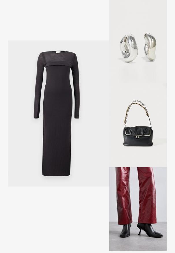 Schwarzes, langärmliges Kleid mit taillierter Form, Rundhalsauschnitt und einem transparenten, horizontalen Einsatz auf der Brust. Weiches, leichtes Material.; Schwarze Absatzstiefeletten mit spitzem Zehen und kantigem Design, kombiniert mit hochgeschnittenen roten Lederhosen, die ein dezentes Muster aufweisen.; Schwarze Lederclutch mit silbernem Rahmen und Verschluss, mit kurzem Griff, der silberne Kette und gelb-schwarz karierten Stoff kombiniert.; Silberne skulpturale Ohrringe mit glatten, geschwungenen Formen und reflektierenden Oberflächen. Sie verfügen über ein geschlossenes Ringdesign und eine ausgeprägte organische Form.